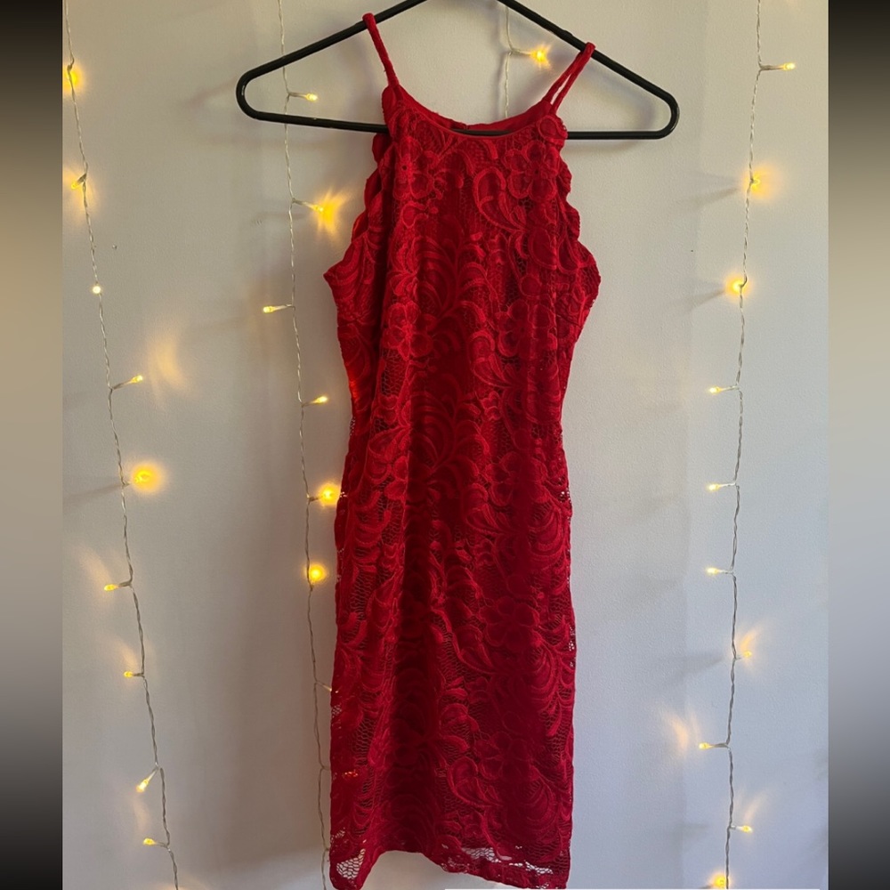 Red short dress.